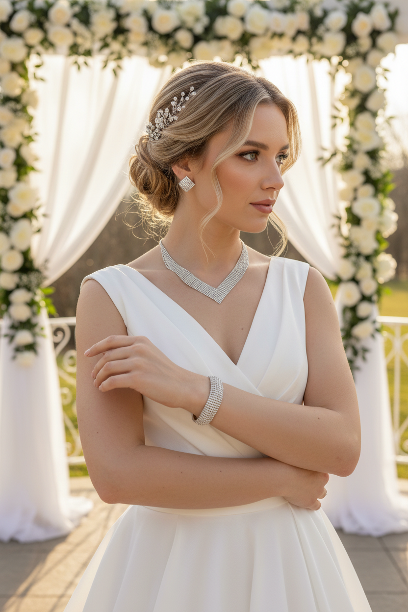 XXL Schmuckset Damen Silber – 3-teiliges Strass Collier, Ohrringe & Armband – Brautschmuck für Hochzeit, Abiball & Gala | ONDEGO®