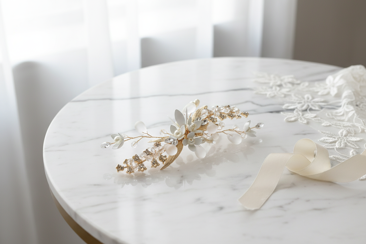 3D Gold Haarklammer mit Blüten & Perlen – Eleganter Brautschmuck | ONDEGO®