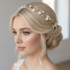 3D Haardraht Gold mit Blüten & Perlen – Brautschmuck Haarschmuck Hochzeit Ivory – ONDEGO®