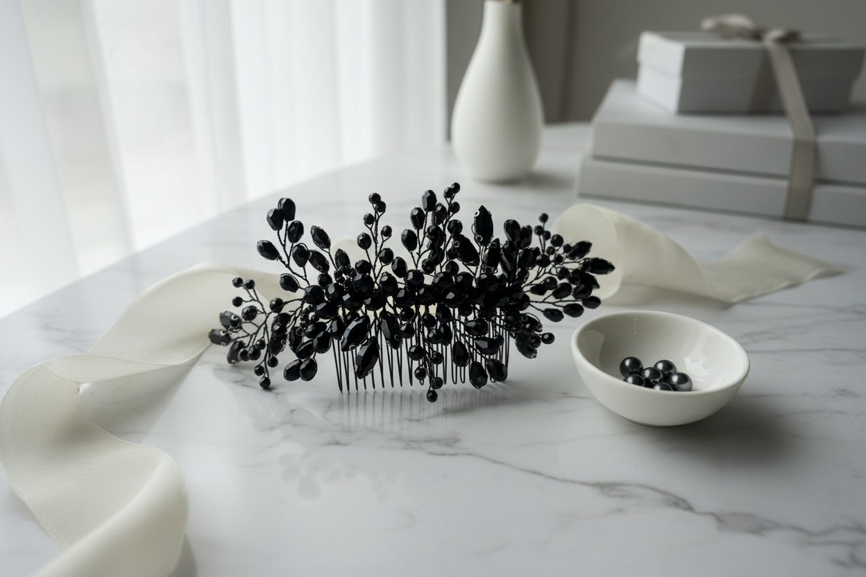 Haarkamm Schwarz – Glasschliffperlen | Gothic & Elegant | ONDEGO®