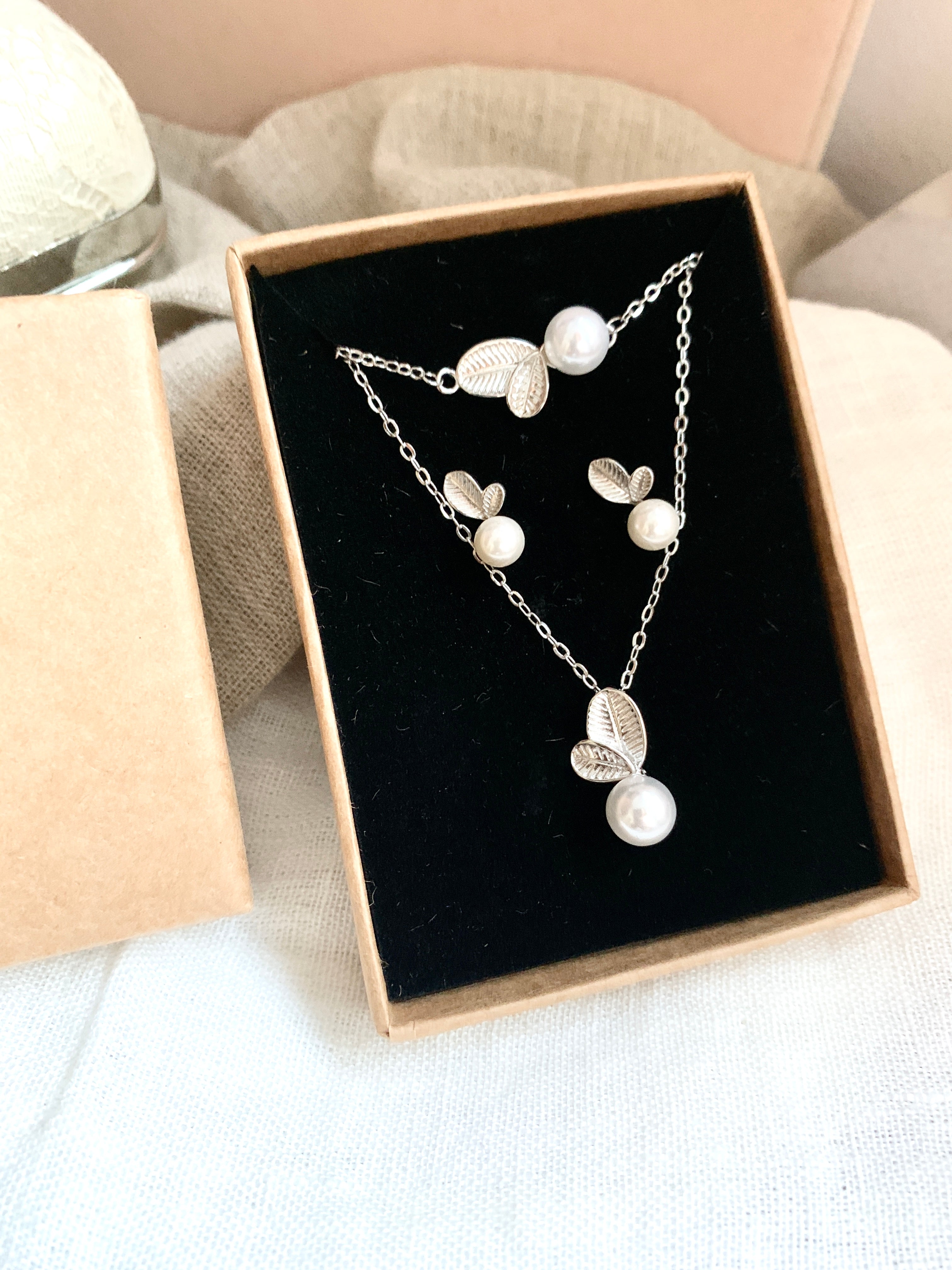 925 Silber Perlen Blätter Schmuckset – luxuriöses 3-teiliges Set mit Zirkonia | ONDEGO®