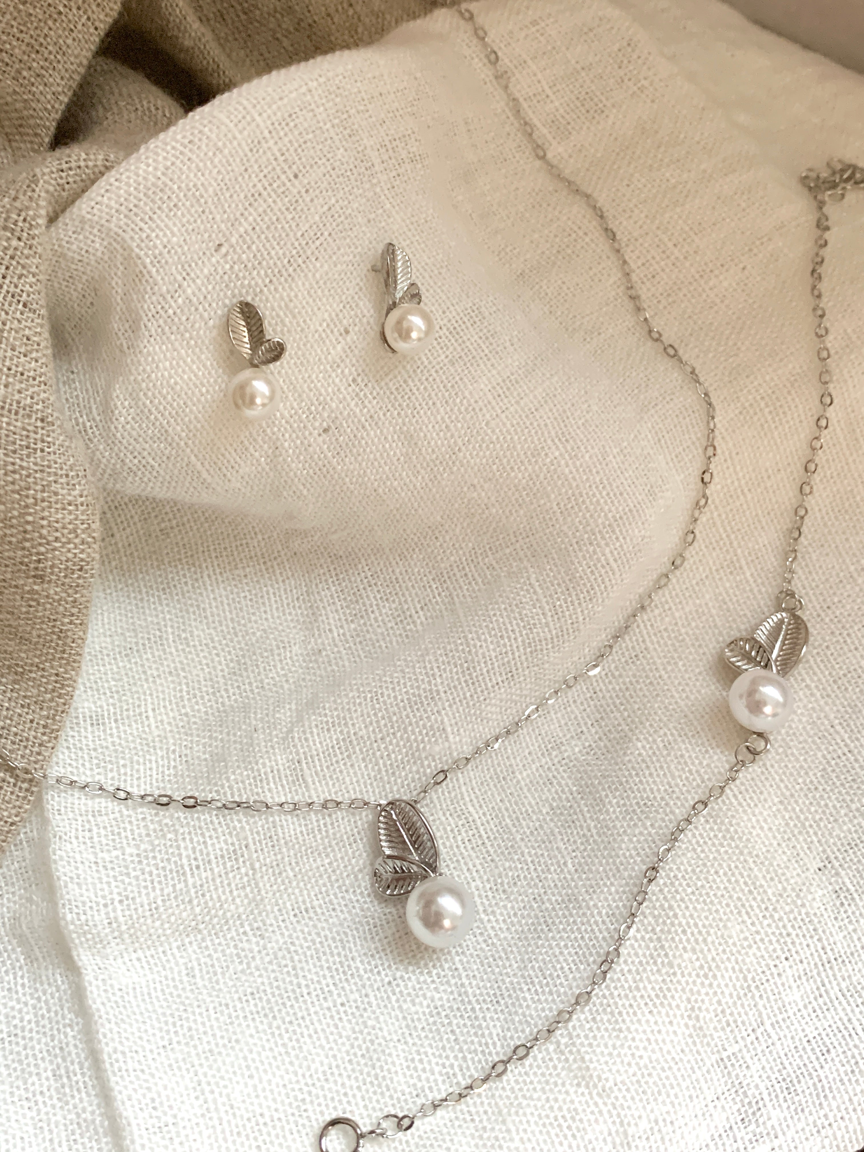 925 Silber Perlen Blätter Schmuckset – luxuriöses 3-teiliges Set mit Zirkonia | ONDEGO®