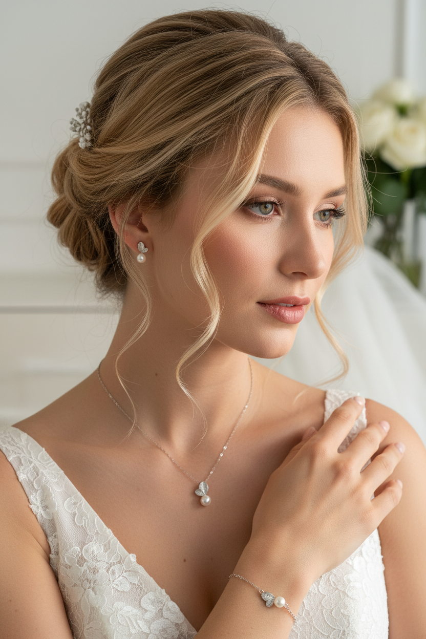 Perlen Silber Blätter Schmuckset – luxuriöses 3-teiliges Set mit Zirkonia | ONDEGO®