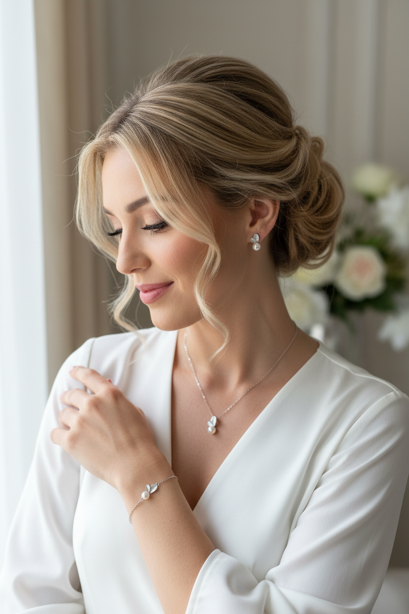 925 Silber Perlen Blätter Schmuckset – luxuriöses 3-teiliges Set mit Zirkonia | ONDEGO®