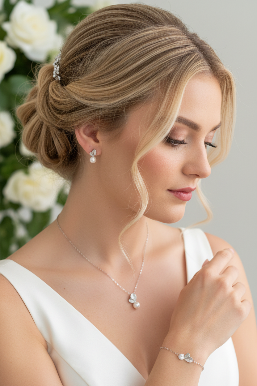 Perlen Silber Blätter Schmuckset – luxuriöses 3-teiliges Set mit Zirkonia | ONDEGO®