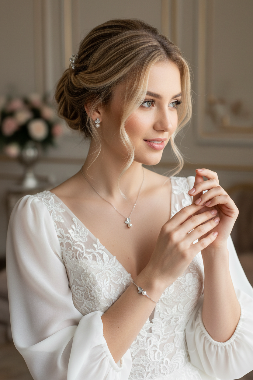 Perlen Silber Blätter Schmuckset – luxuriöses 3-teiliges Set mit Zirkonia | ONDEGO®