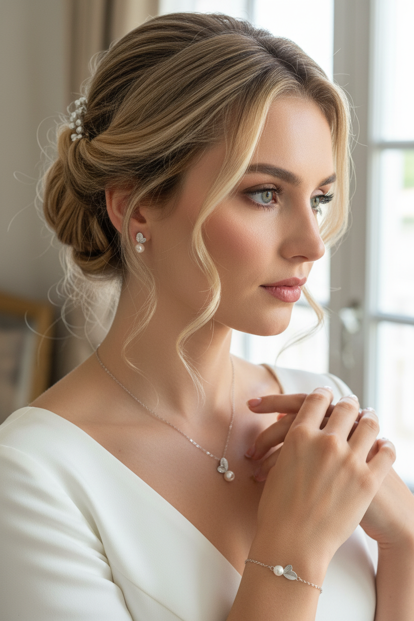 925 Silber Perlen Blätter Schmuckset – luxuriöses 3-teiliges Set mit Zirkonia | ONDEGO®