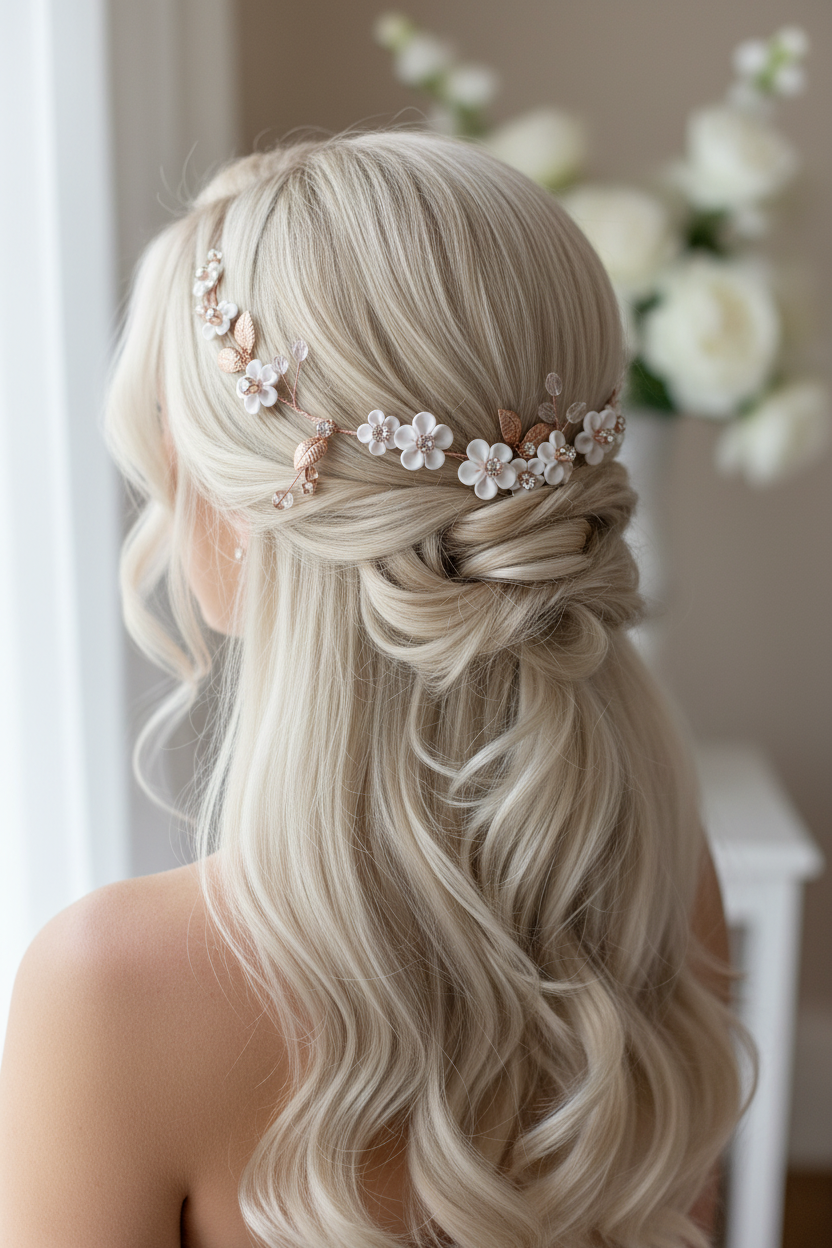 3D Blüten Haardraht Roségold – Brauthaarschmuck mit Perlen & Strass | ONDEGO®