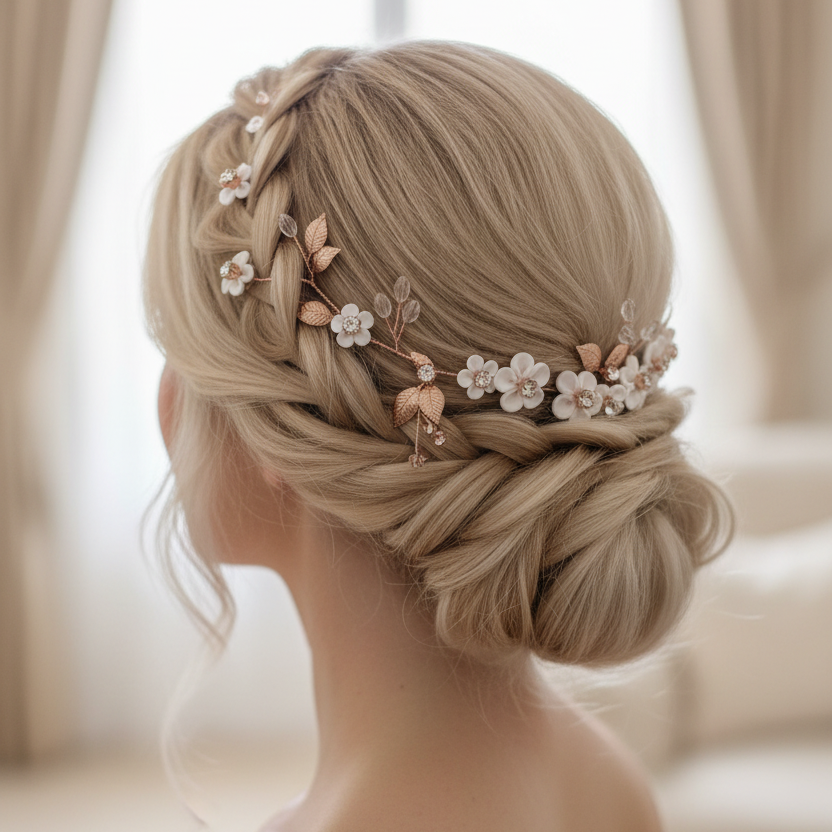 3D Blüten Haardraht Roségold – Brauthaarschmuck mit Perlen & Strass | ONDEGO®