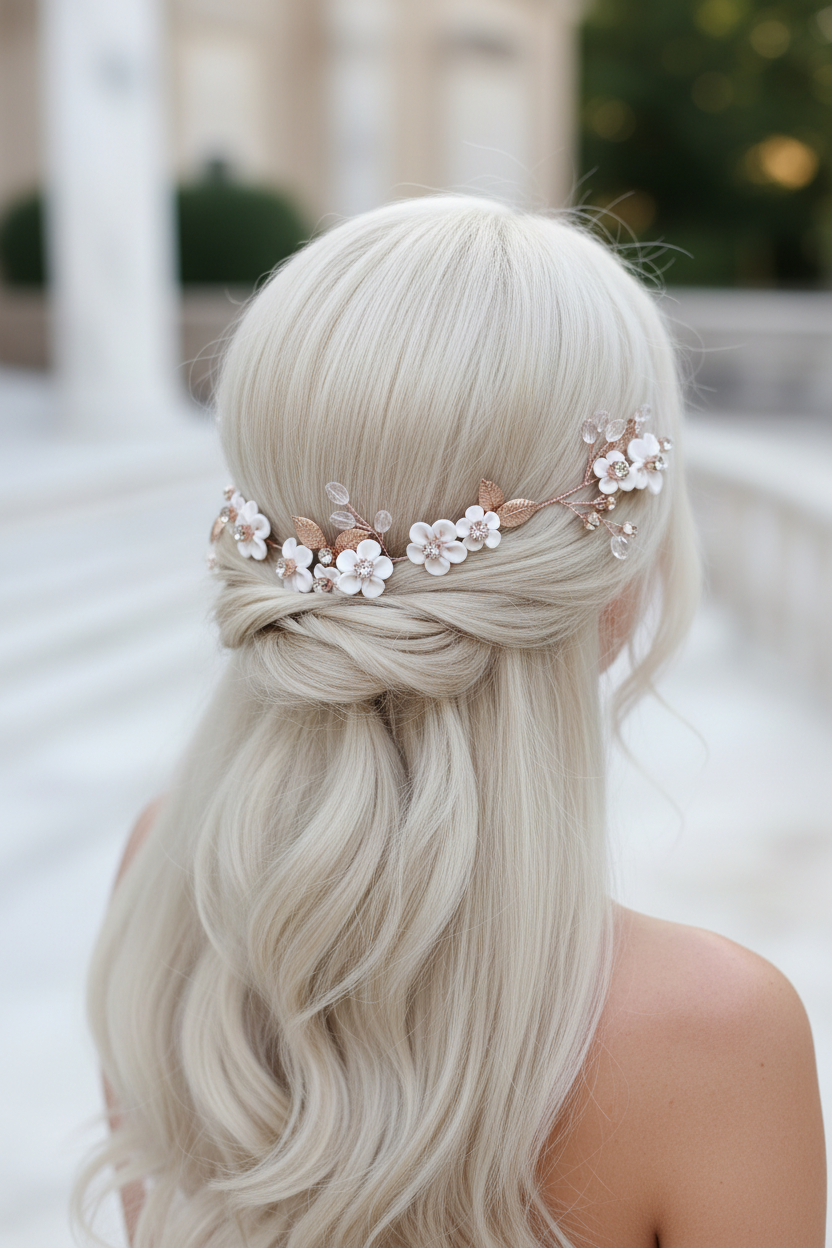 3D Blüten Haardraht Roségold – Brauthaarschmuck mit Perlen & Strass | ONDEGO®