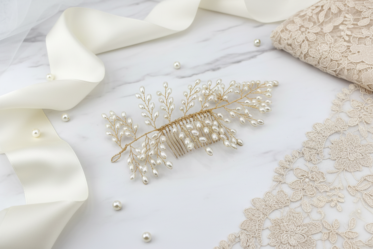 Haarkamm Aphrodite – Goldener Brautschmuck mit Ivory Perlen | ONDEGO®