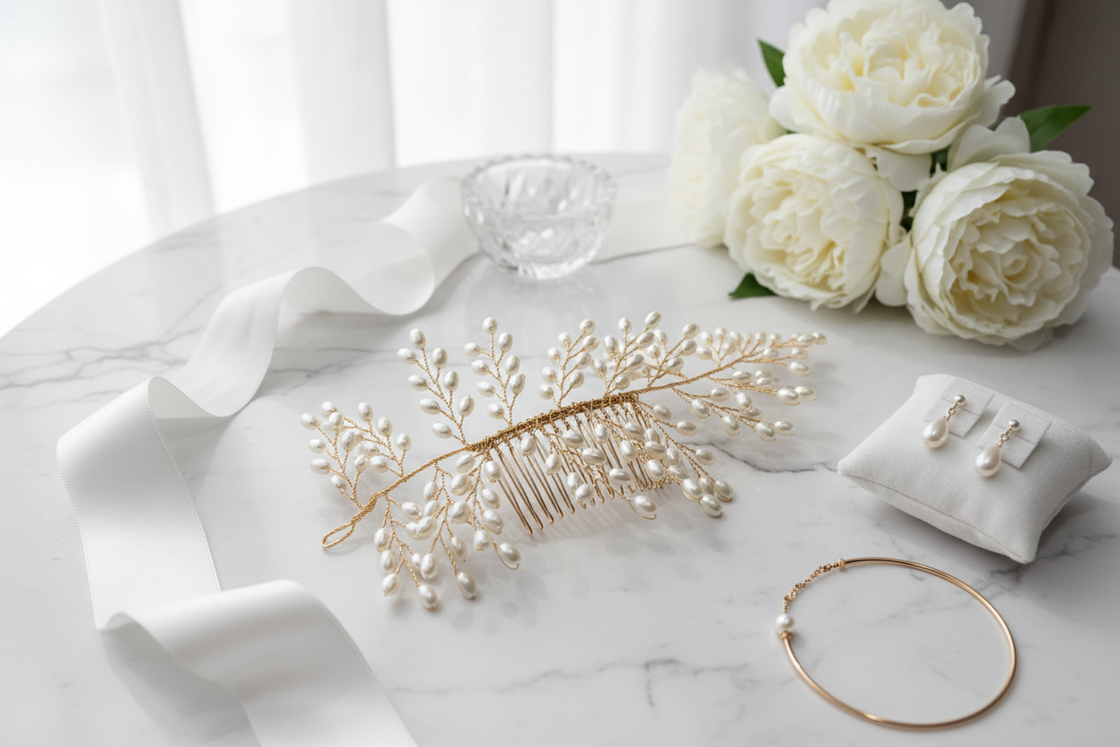 Haarkamm Aphrodite – Goldener Brautschmuck mit Ivory Perlen | ONDEGO®