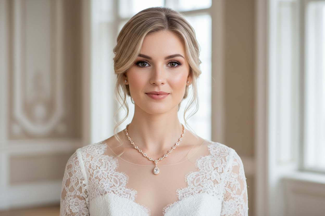 Brautschmuck mit Zirkonia – Rückenkette mit Halskette, Ohrringe oder Armband | Roségold | ONDEGO®