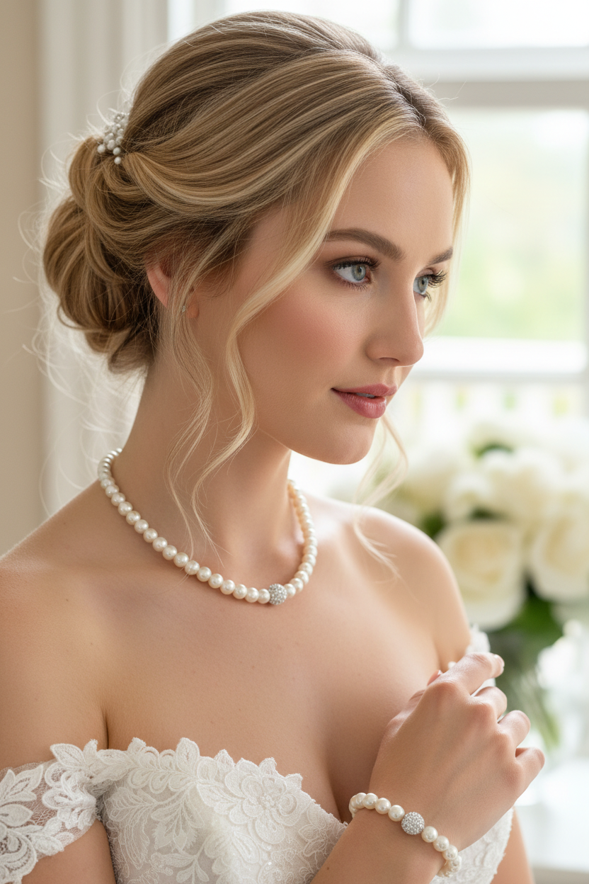 Brautschmuck Set Perlen Weiß – 3-teilig Kette, Armband & Ohrringe mit Strass | ONDEGO®