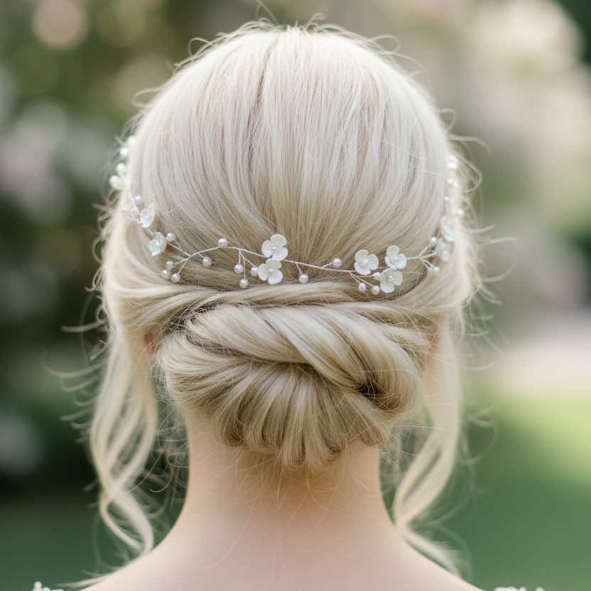 3D Haardraht Silber mit Blüten & Perlen – Brautschmuck Haarschmuck Hochzeit Ivory – ONDEGO®