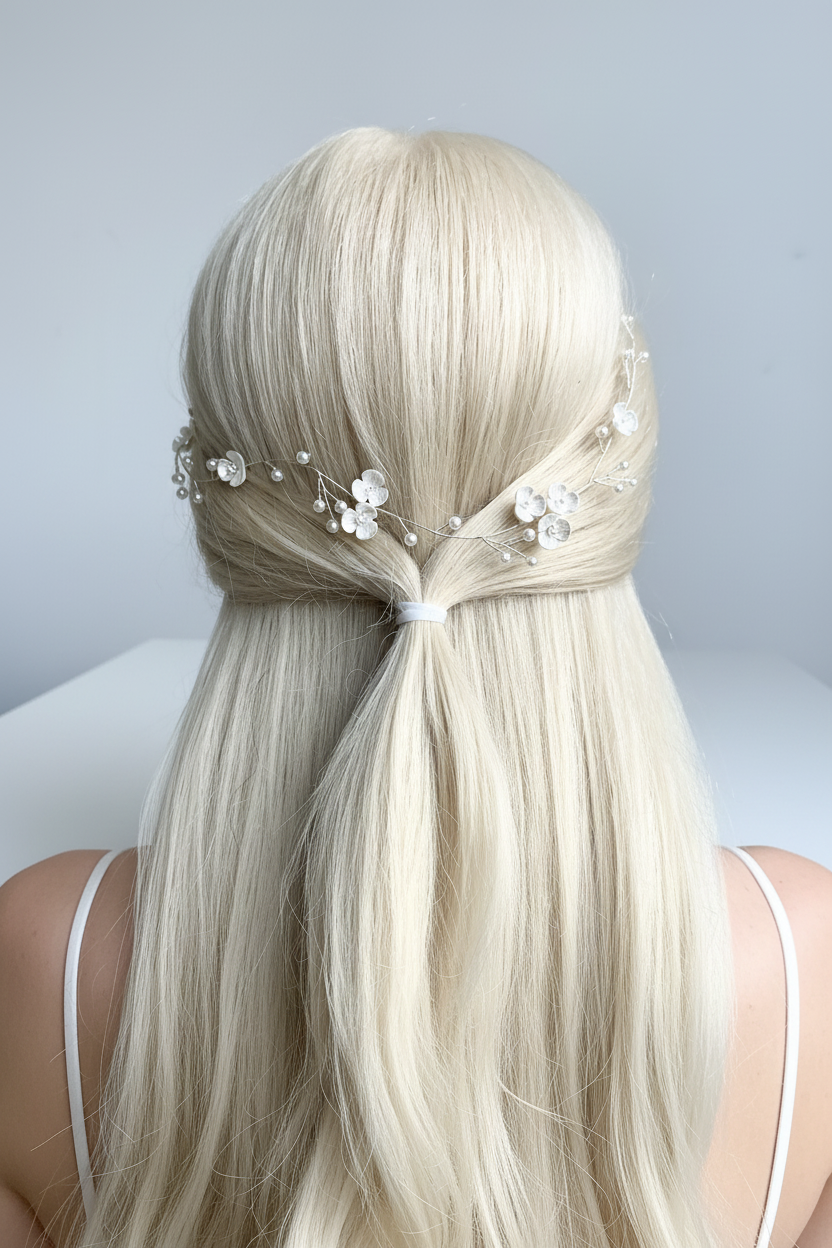 3D Haardraht Silber mit Blüten & Perlen – Brautschmuck Haarschmuck Hochzeit Ivory – ONDEGO®