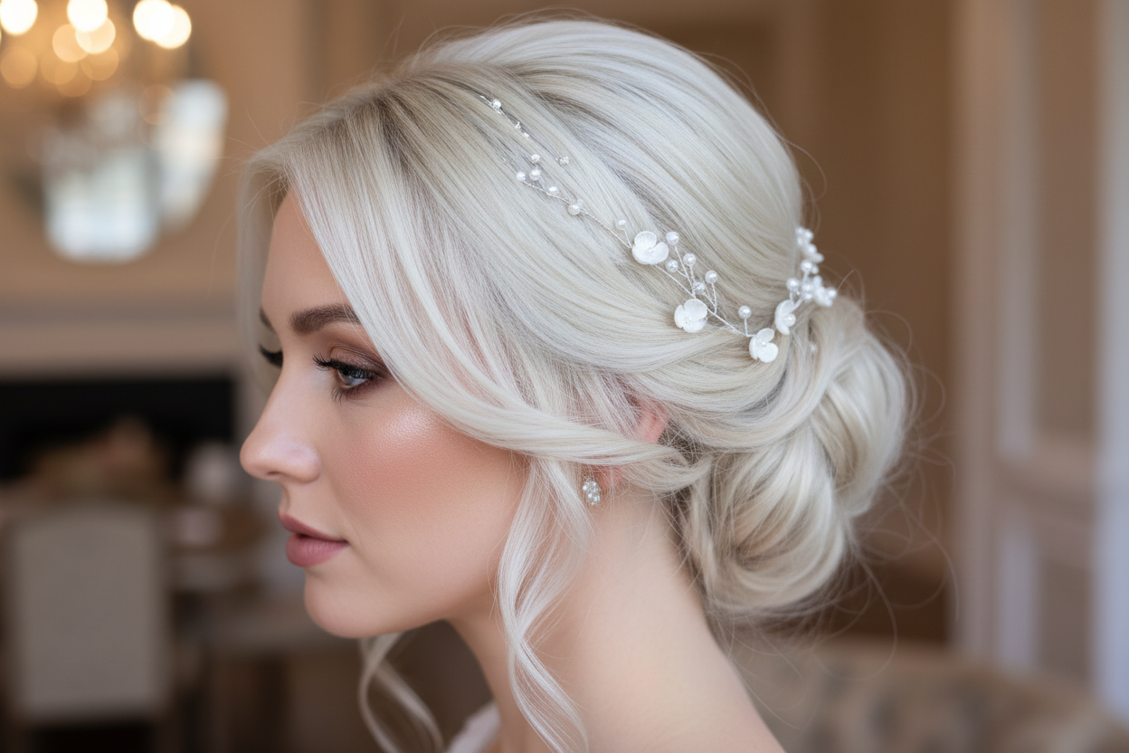 3D Haardraht Silber mit Blüten & Perlen – Brautschmuck Haarschmuck Hochzeit Ivory – ONDEGO®
