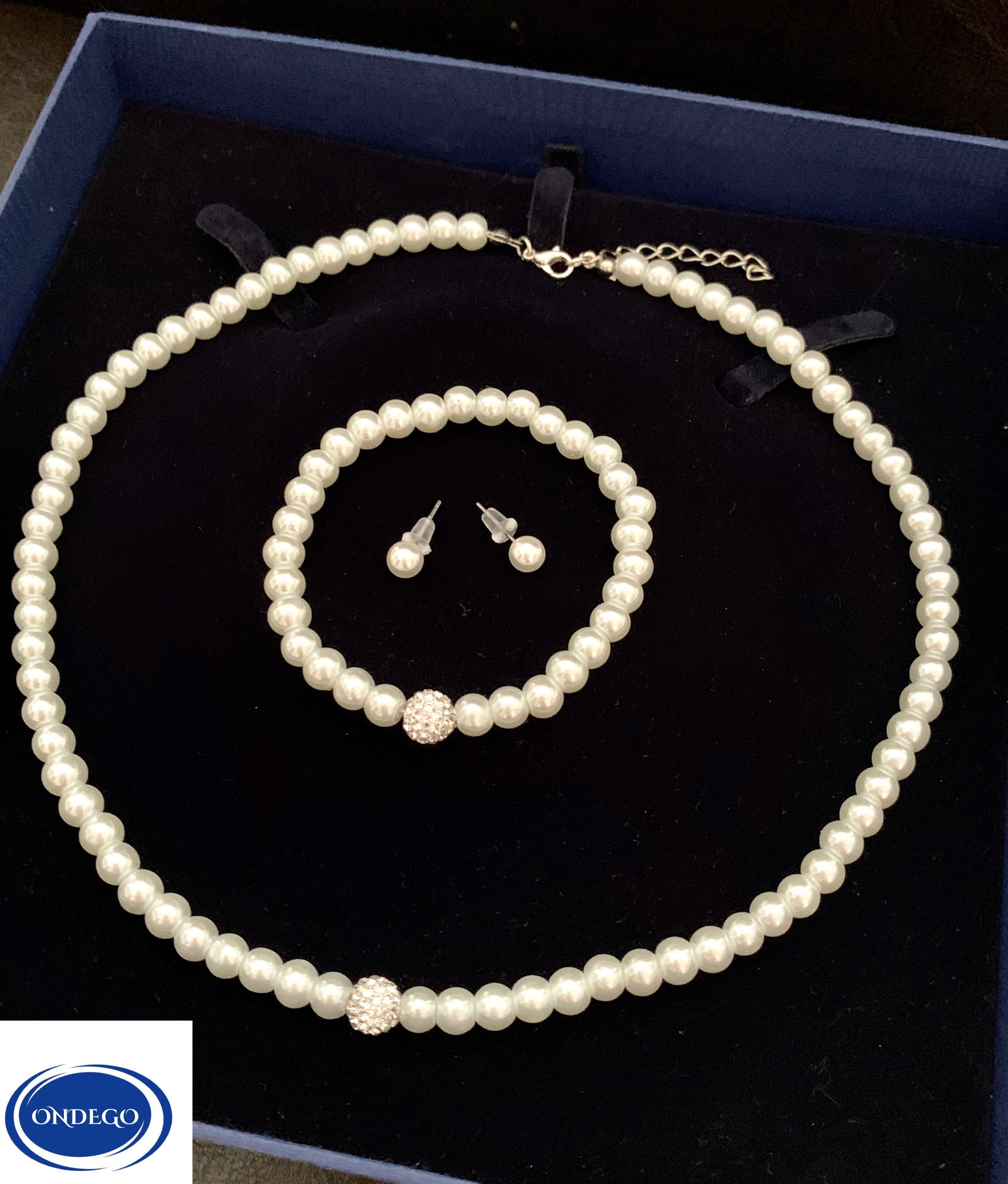 Brautschmuck Set 3-teilig – Glaswachsperlen Weiß oder Ivory Kette, Armband & Ohrringe | ONDEGO®