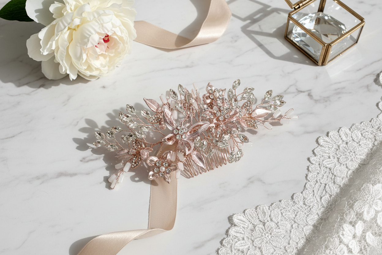 Haarkamm Rosa – Roségold Haarschmuck mit Perlen | ONDEGO®