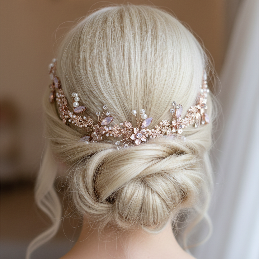 Haardraht Roségold – Perlen Strass Blüten Haarschmuck flexibel – Brautschmuck Diadem für Hochzeit Abiball Kommunion festliche Frisuren | ONDEGO®