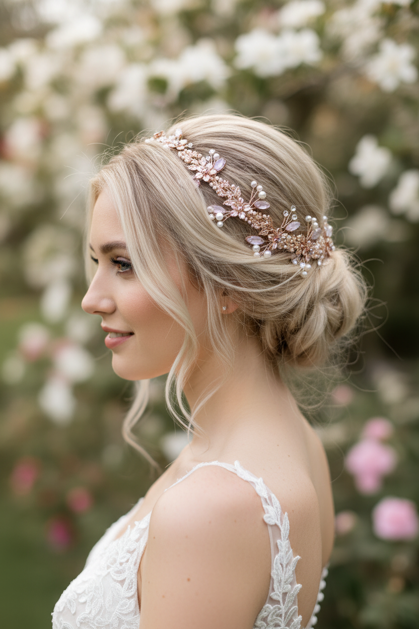 Haardraht Roségold – Perlen Strass Blüten Haarschmuck flexibel – Brautschmuck Diadem für Hochzeit Abiball Kommunion festliche Frisuren | ONDEGO®