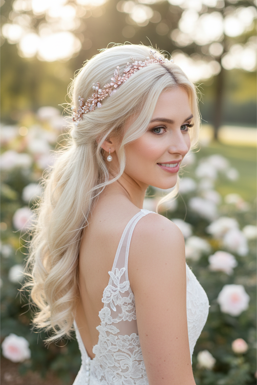 Haardraht Roségold – Perlen Strass Blüten Haarschmuck flexibel – Brautschmuck Diadem für Hochzeit Abiball Kommunion festliche Frisuren | ONDEGO®