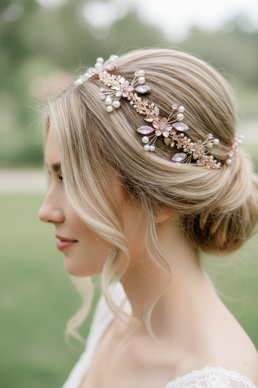 Haardraht Roségold – Perlen Strass Blüten Haarschmuck flexibel – Brautschmuck Diadem für Hochzeit Abiball Kommunion festliche Frisuren | ONDEGO®