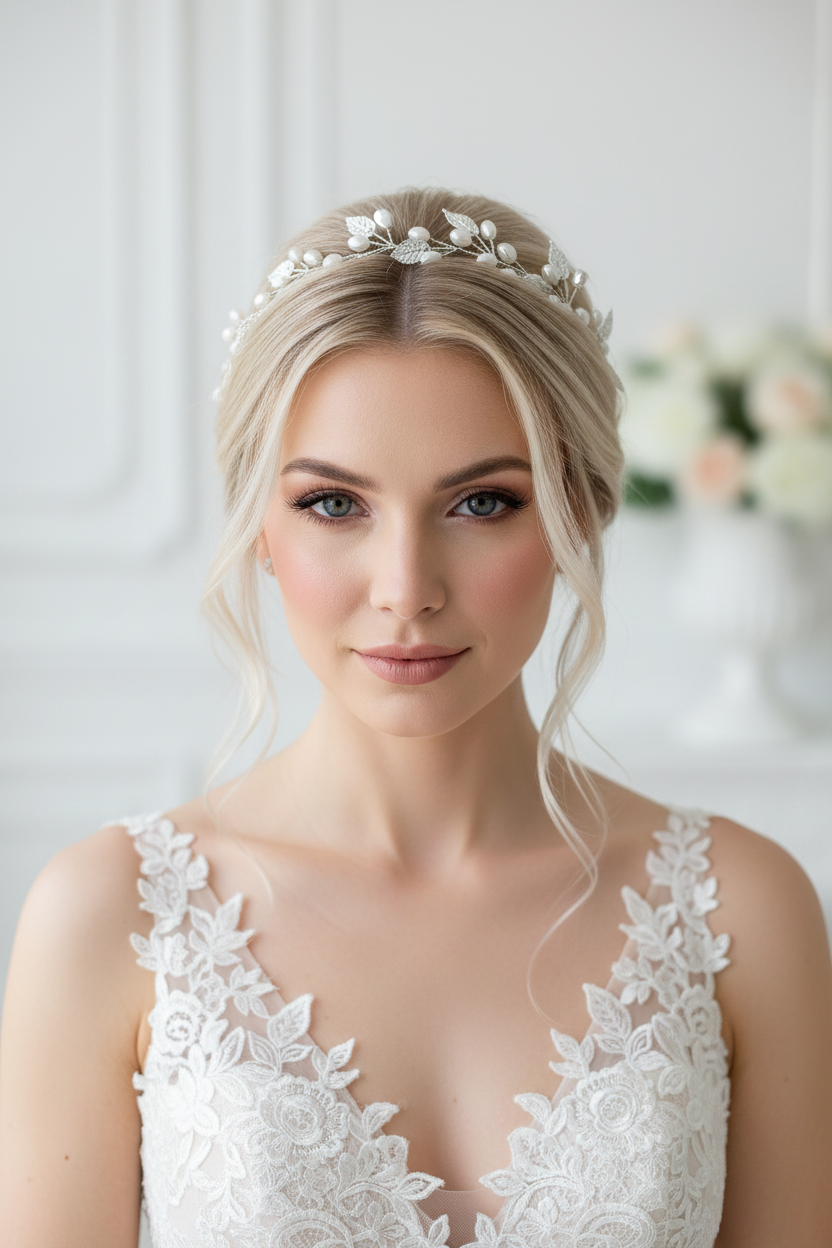 Silberner Haardraht mit Perlen & Blättern – Brautschmuck Hochzeit festlich elegant | ONDEGO®