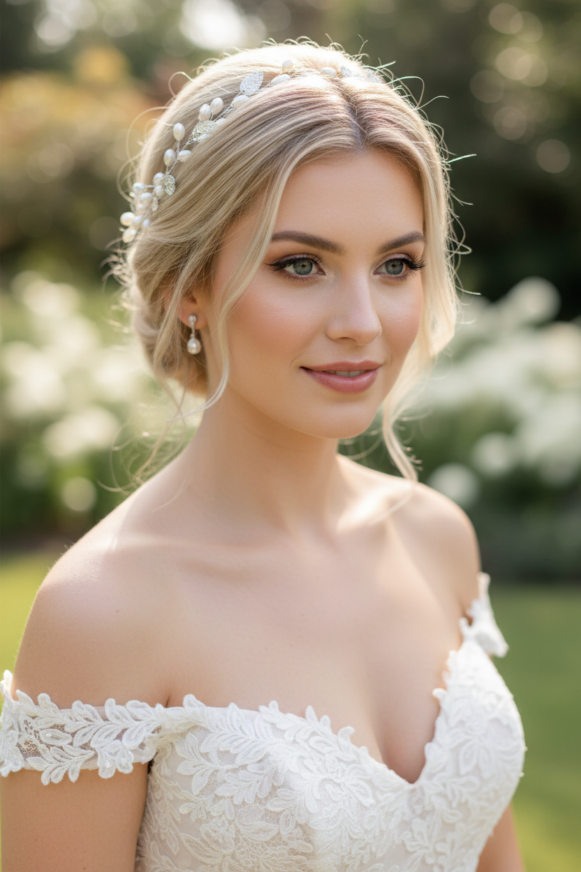 Silberner Haardraht mit Perlen & Blättern – Brautschmuck Hochzeit festlich elegant | ONDEGO®
