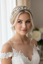 Silberner Haardraht mit Perlen & Blättern – Brautschmuck Hochzeit festlich elegant | ONDEGO®