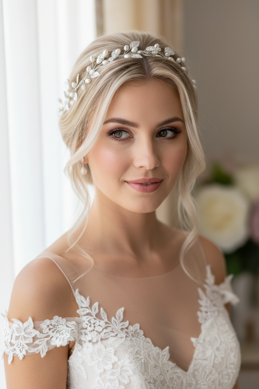 Silberner Haardraht mit Perlen & Blättern – Brautschmuck Hochzeit festlich elegant | ONDEGO®