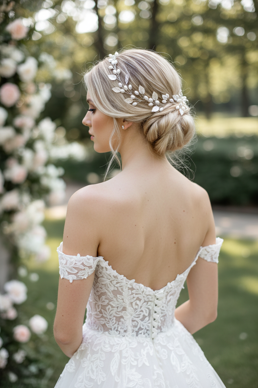Silberner Haardraht mit Perlen & Blättern – Brautschmuck Hochzeit festlich elegant | ONDEGO®