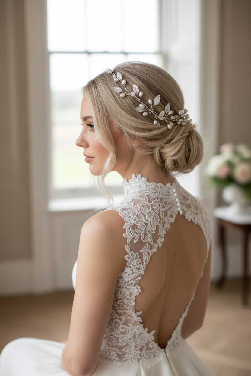 Silberner Haardraht mit Perlen & Blättern – Brautschmuck Hochzeit festlich elegant | ONDEGO®