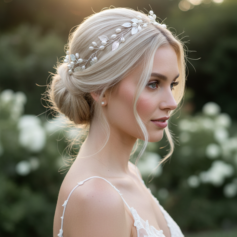 Silberner Haardraht mit Perlen & Blättern – Brautschmuck Hochzeit festlich elegant | ONDEGO®