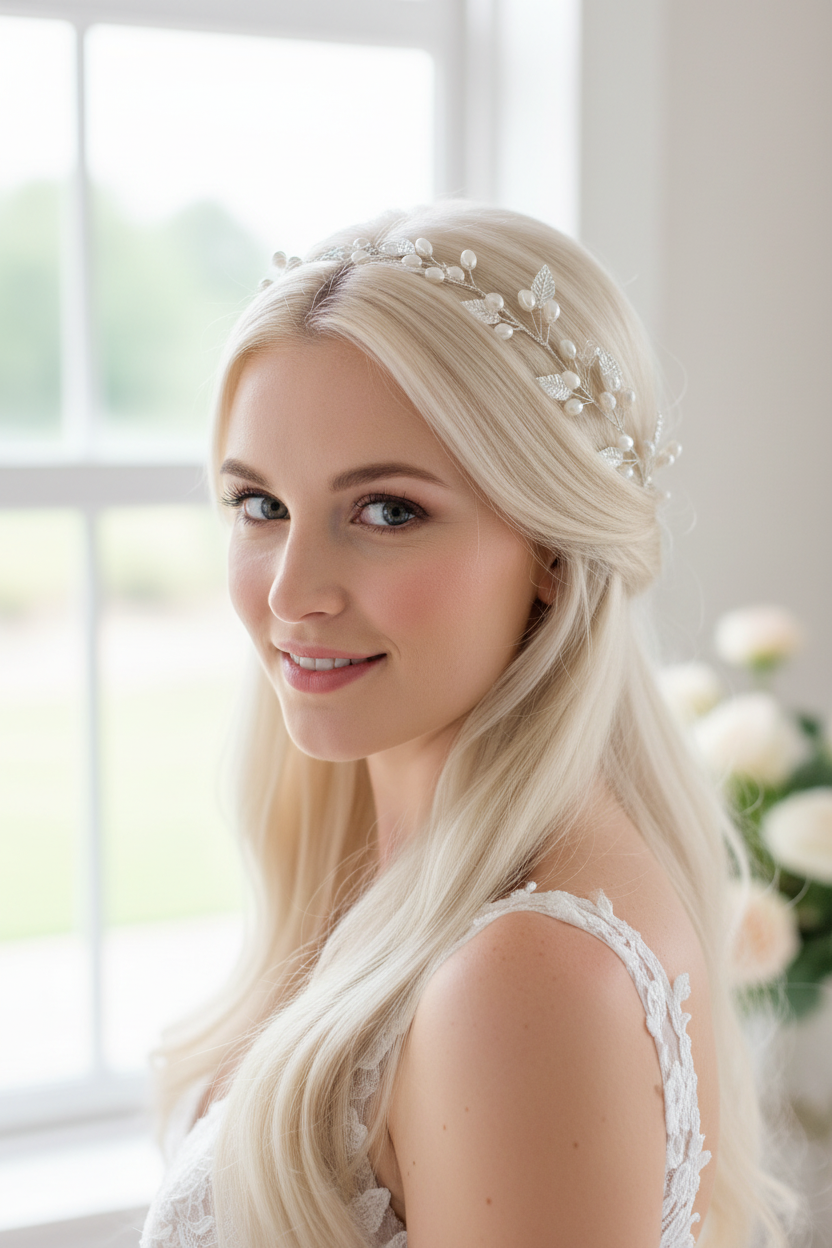 Silberner Haardraht mit Perlen & Blättern – Brautschmuck Hochzeit festlich elegant | ONDEGO®