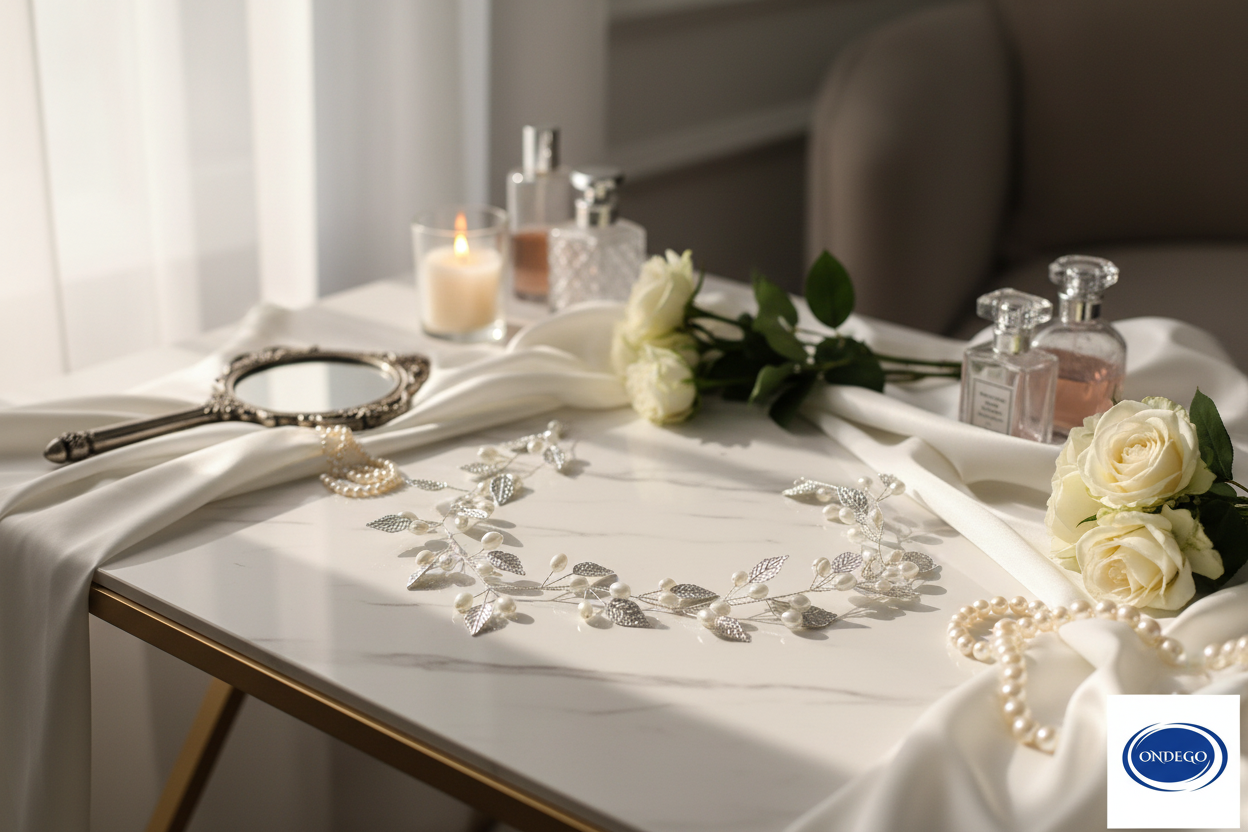 Silberner Haardraht mit Perlen & Blättern – Brautschmuck Hochzeit festlich elegant | ONDEGO®