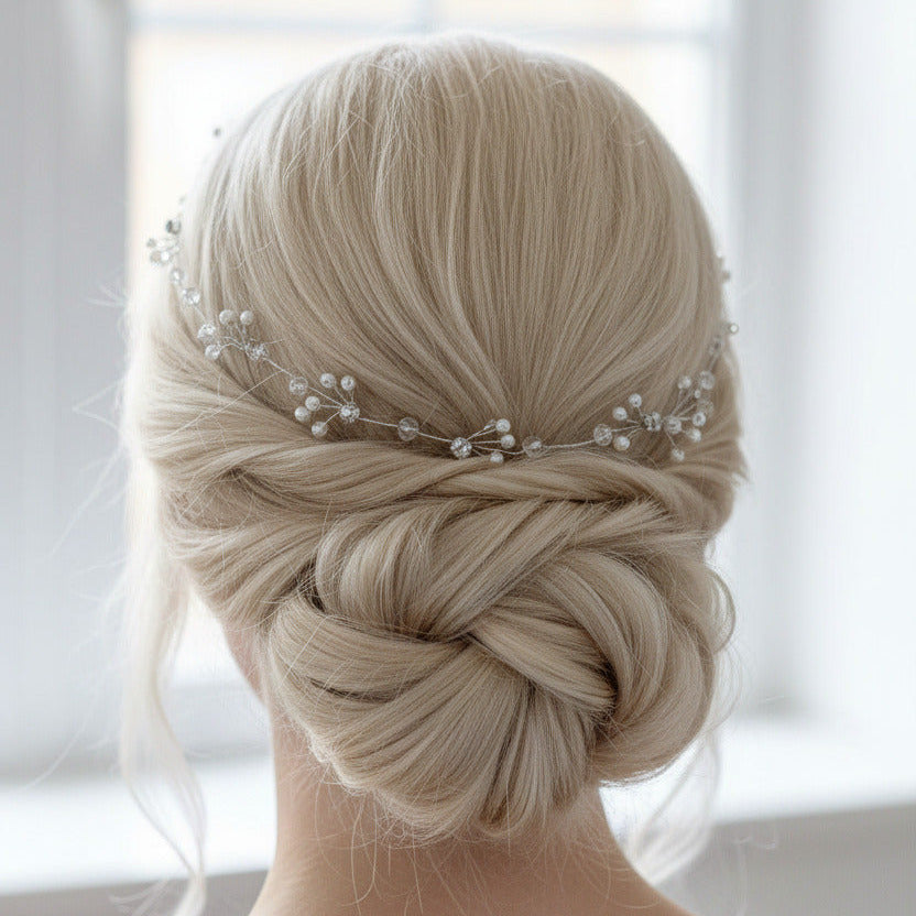 XXL Haardraht Perlen Silber – 80 cm | Brautschmuck Haarranke | ONDEGO®