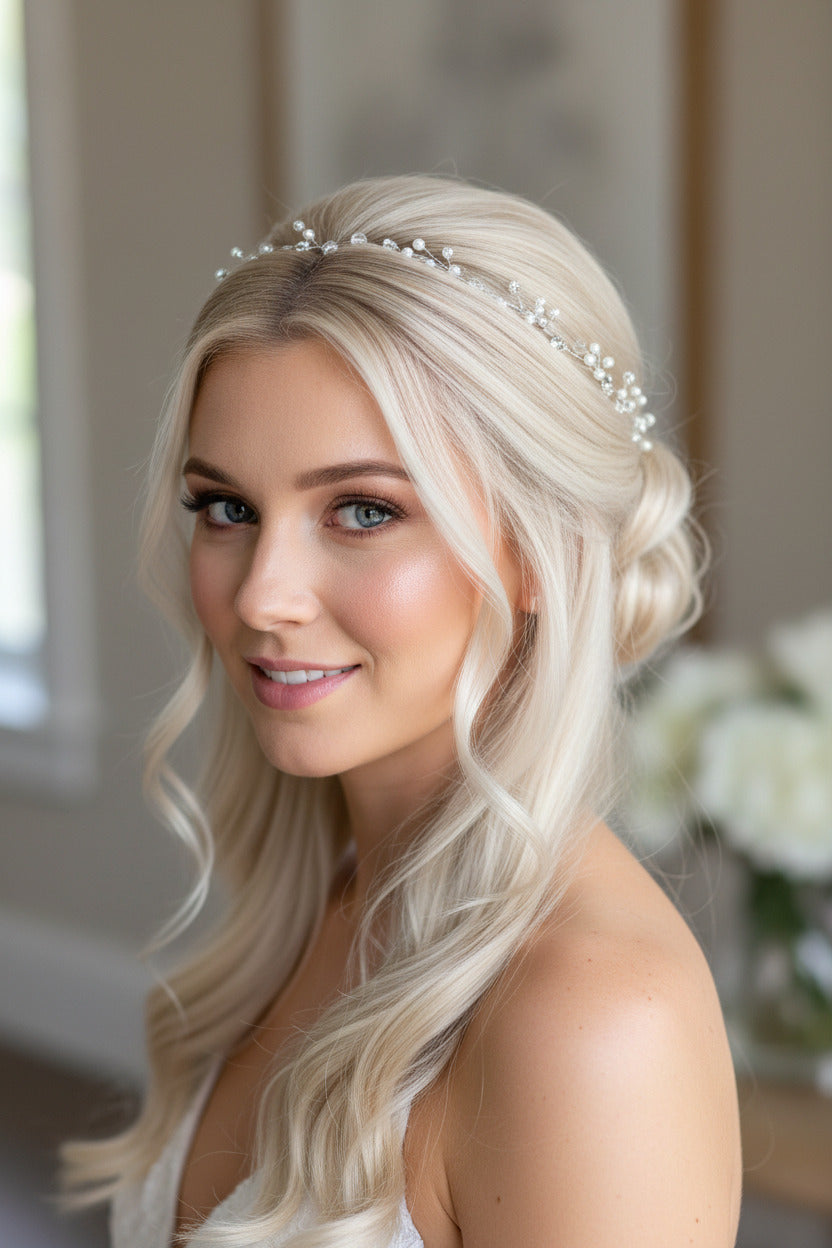 XXL Haardraht Perlen Silber – 80 cm | Brautschmuck Haarranke | ONDEGO®