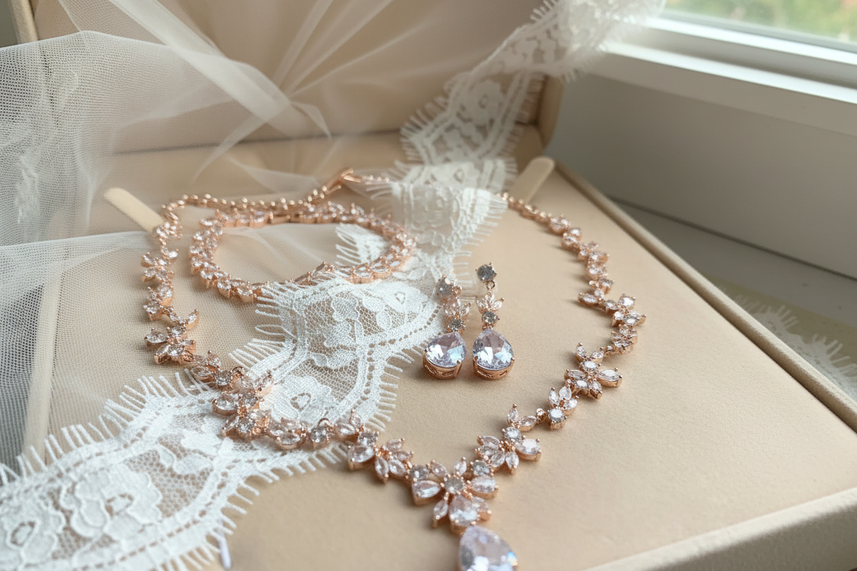 Zirkonia Blüten Schmuckset Roségold – Collier, Ohrringe & Armband mit AAA+ Zirkonia | ONDEGO®