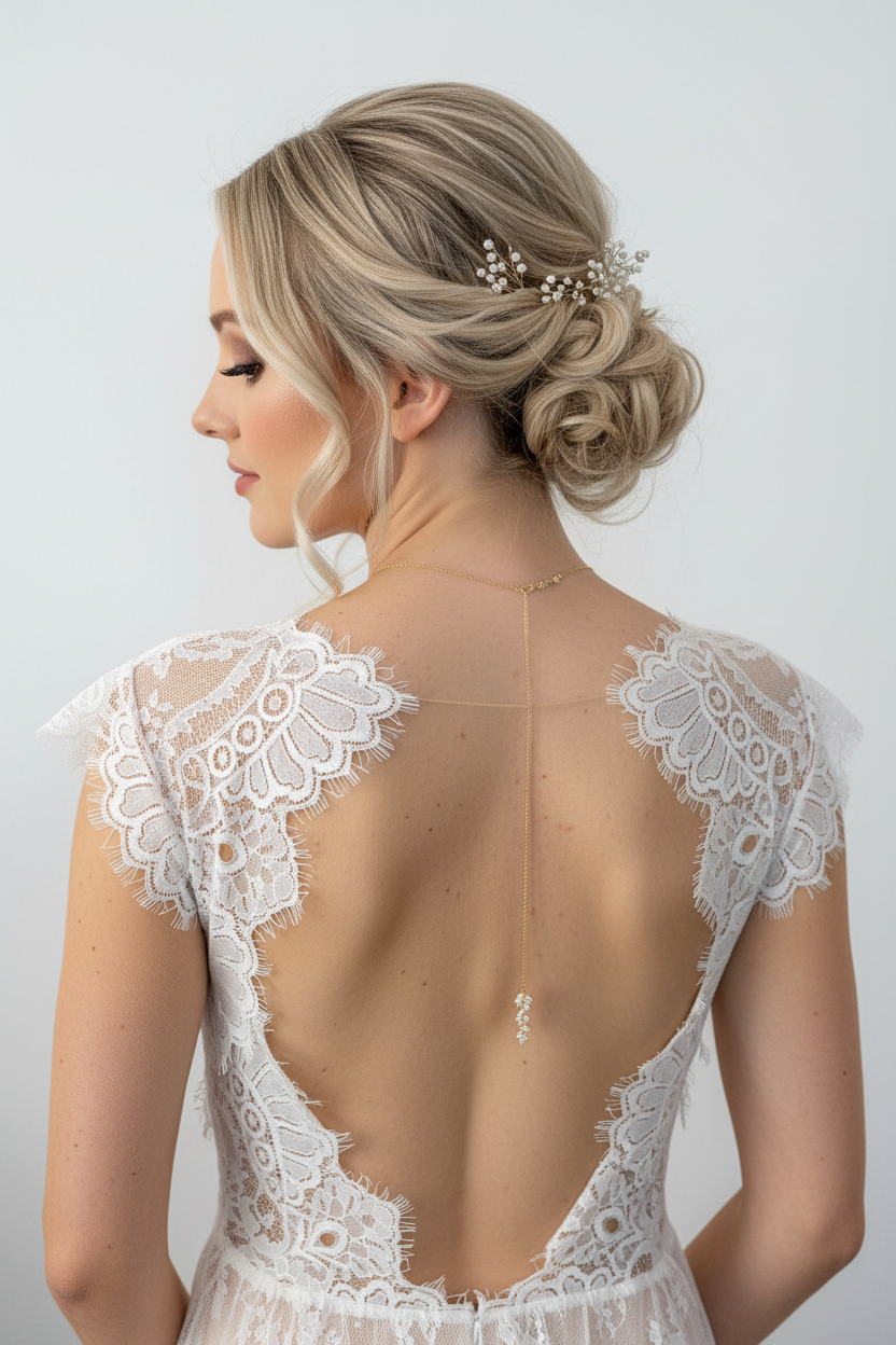 Brautschmuck Set Gold – Zirkonia Blätter Kette & Ohrringe mit optionaler Rückenkette | ONDEGO®