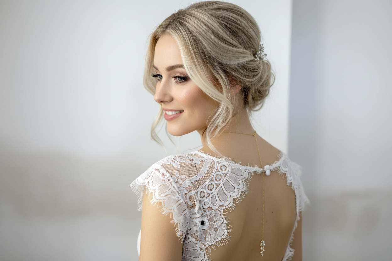 Brautschmuck Set Gold – Zirkonia Blätter Kette & Ohrringe mit optionaler Rückenkette | ONDEGO®