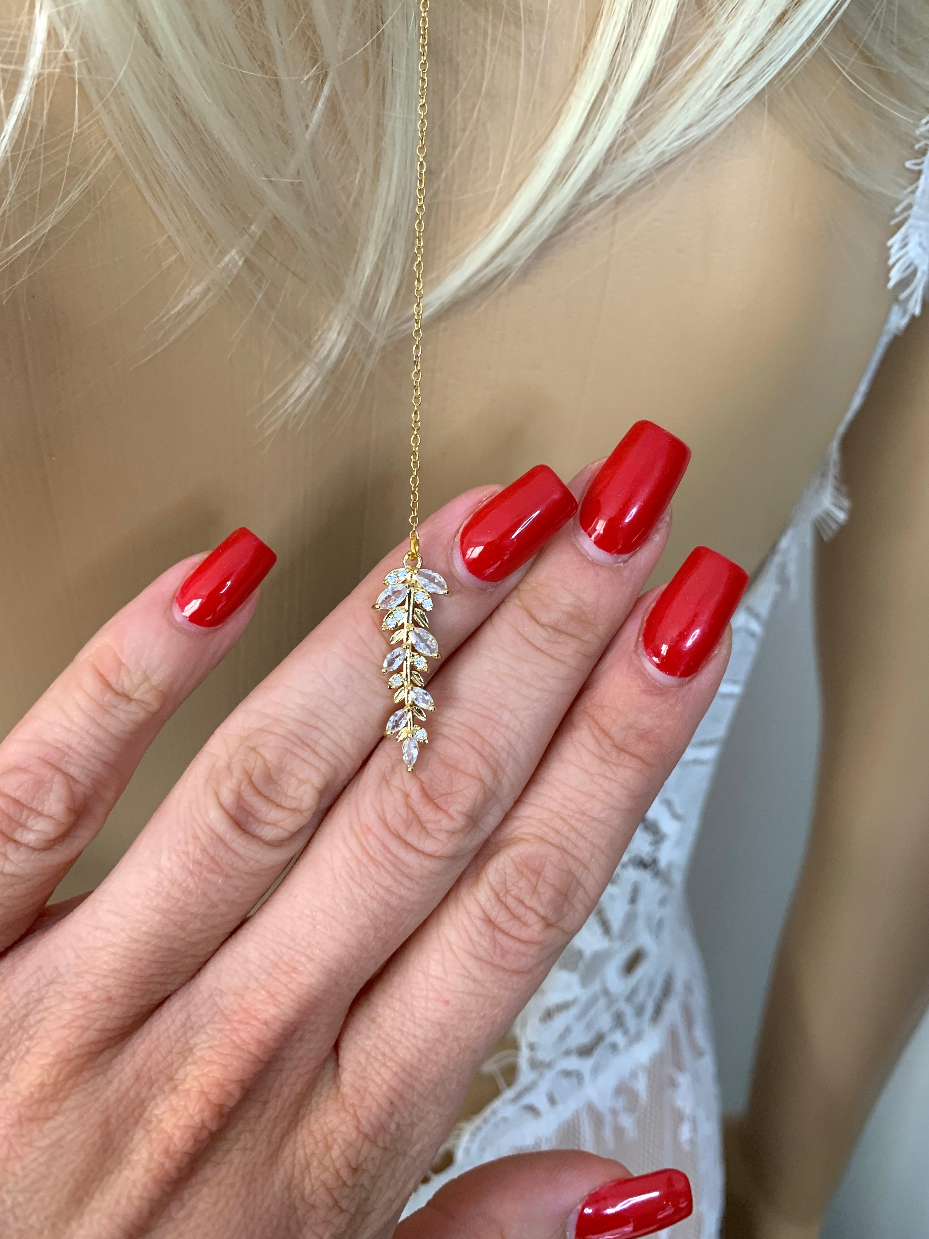 Brautschmuck Set Gold – Zirkonia Blätter Kette & Ohrringe mit optionaler Rückenkette | ONDEGO®