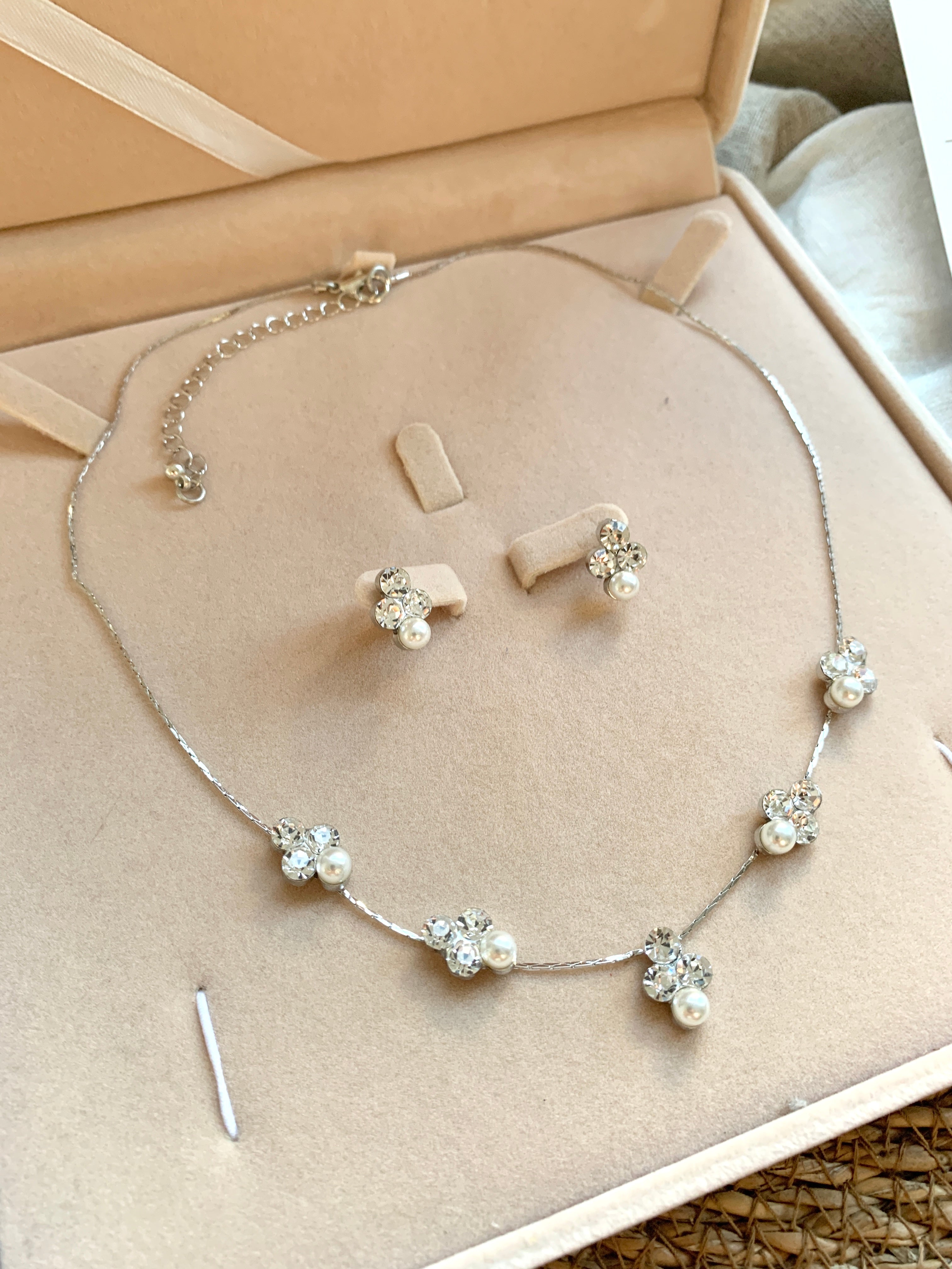 Zartes Perlen Schmuckset Damen Silber – Halskette & Ohrringe mit Strass und Zirkonia | ONDEGO®