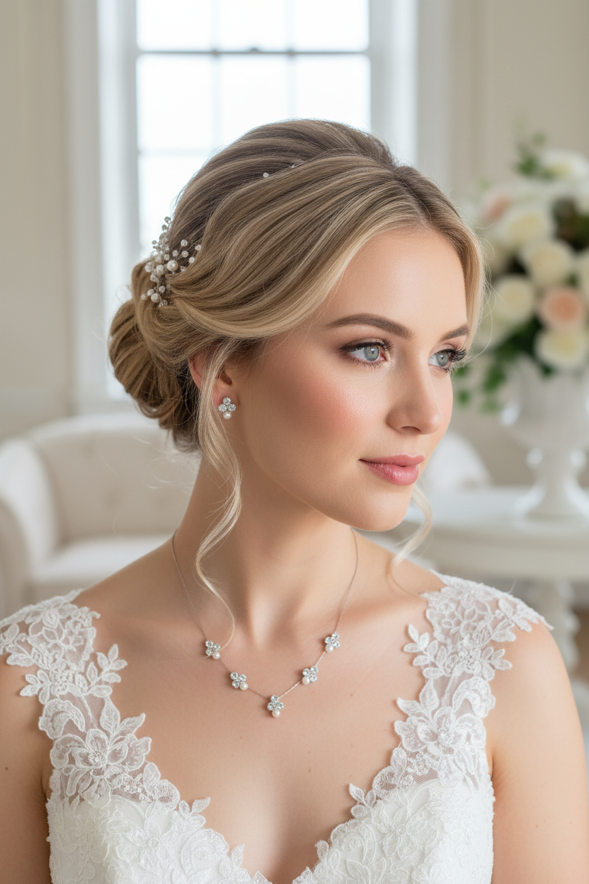 Zartes Perlen Schmuckset Damen Silber – Halskette & Ohrringe mit Strass und Zirkonia | ONDEGO®