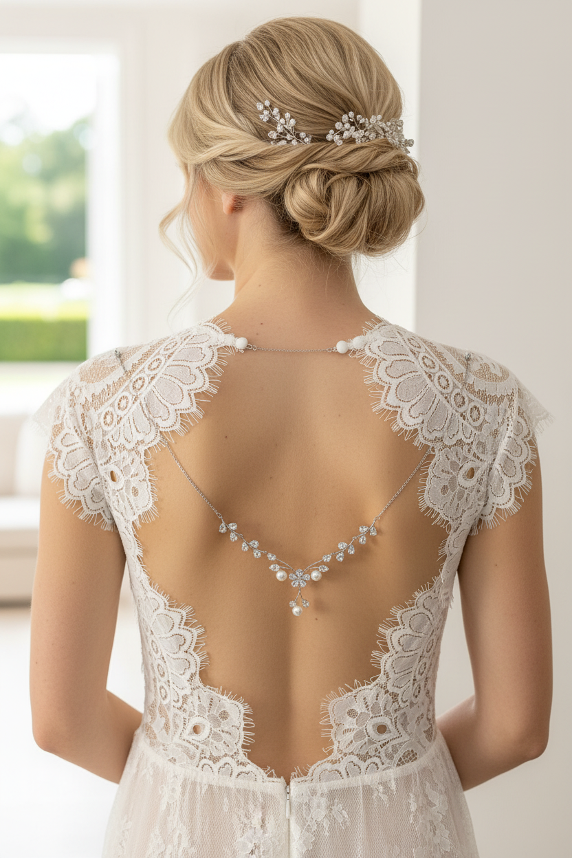 Rückenkette Silber mit Zirkonia & Perlen – Eleganter Rückenschmuck für Brautkleider | ONDEGO®