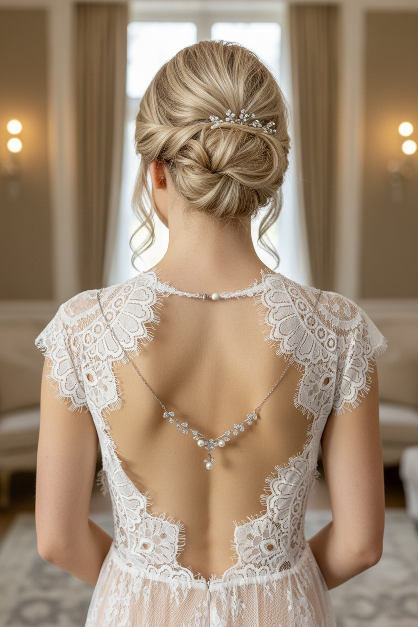 Rückenkette Silber mit Zirkonia & Perlen – Eleganter Rückenschmuck für Brautkleider | ONDEGO®