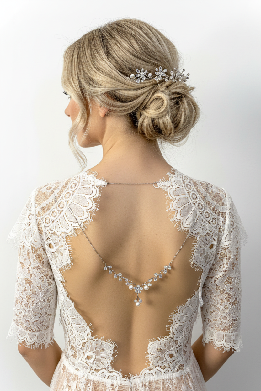 Rückenkette Silber mit Zirkonia & Perlen – Eleganter Rückenschmuck für Brautkleider | ONDEGO®