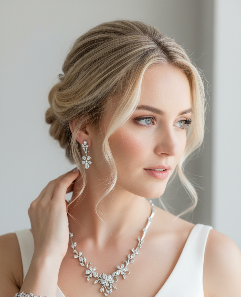 Zirkonia Schmuckset mit Blüten-Design – Collier, Ohrringe & Armband in Silber | ONDEGO®