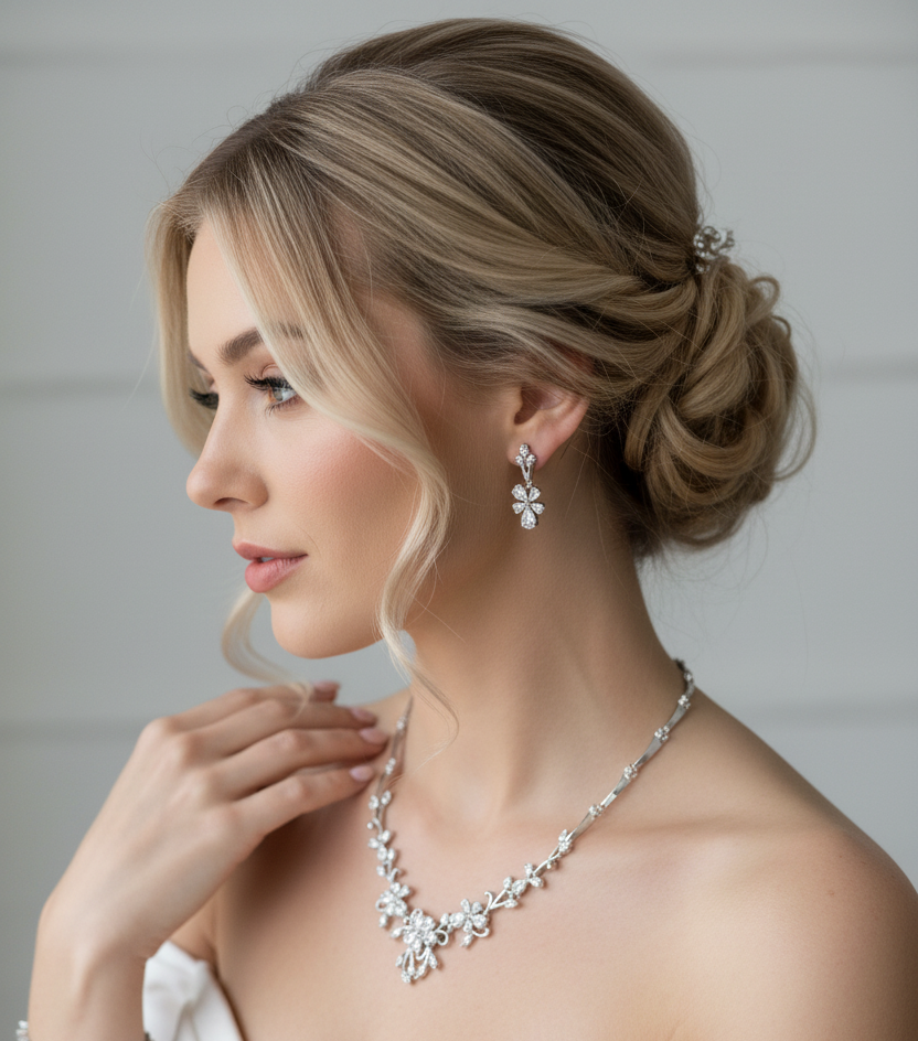 Zirkonia Schmuckset mit Blüten-Design – Collier, Ohrringe & Armband in Silber | ONDEGO®
