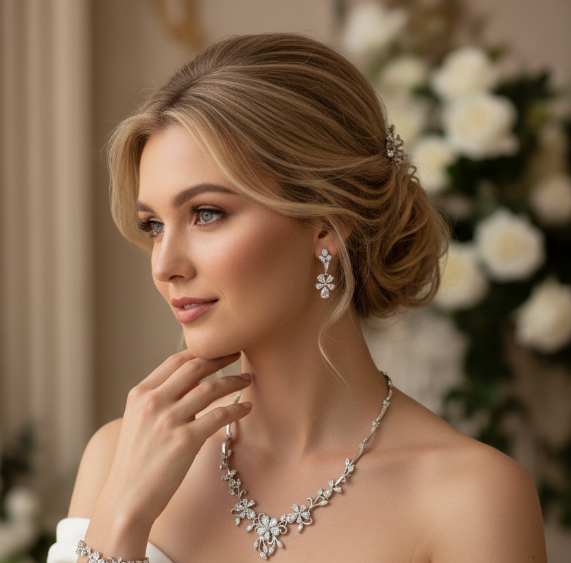 Zirkonia Schmuckset mit Blüten-Design – Collier, Ohrringe & Armband in Silber | ONDEGO®